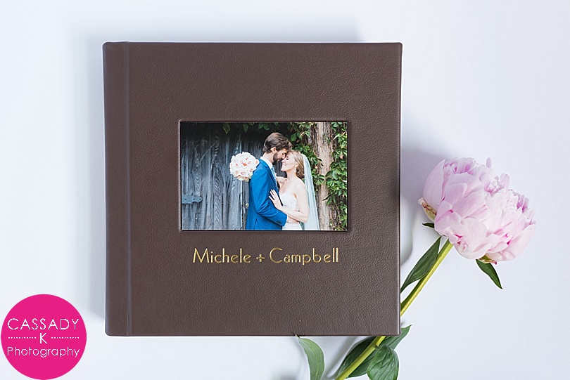 Brown Leather Front Cover with Gold Foil Imprinting of Sample Wedding Album by Leather Craftsmen for Cassady K Photography