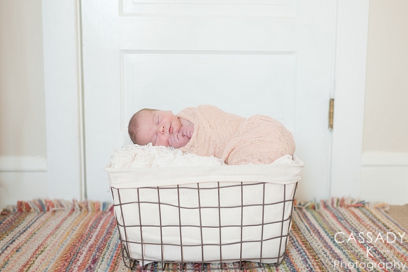 New baby girl in a metal basket in front of white door during an at home newborn session in Lansdale, PA