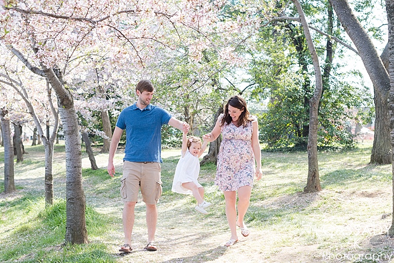 Mom and Dad walking and swinging their little girl during a Cherry Blossom Family Maternity Session in Washington DC