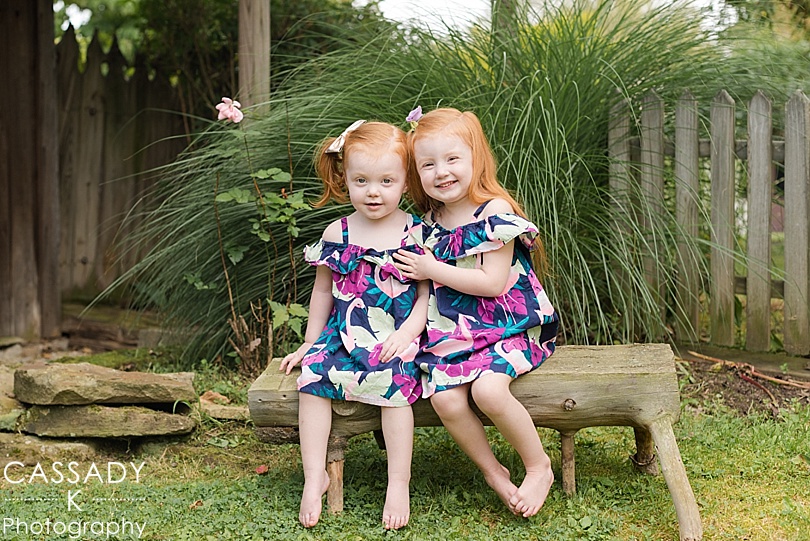 Two toddler sister sitting on a log in matching dresses for a Pittsburgh Family Session