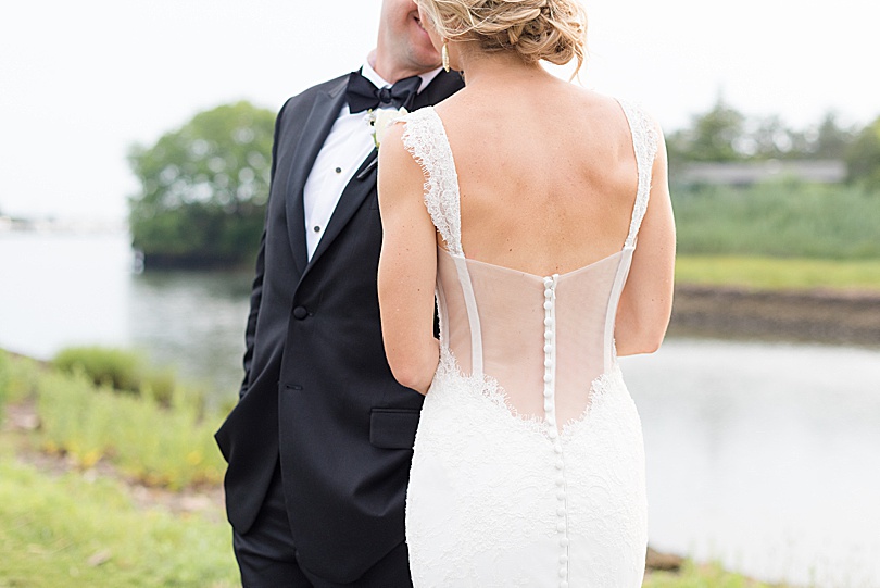 Back of bride's mesh wedding dress at The Royalton at Lawrence Yacht and Country Club wedding on Long Island, NY