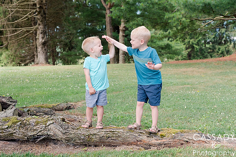 toddler brothers giving each other a high five during an outside family maternity session