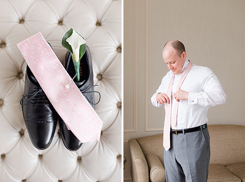 The groom getting ready at the Harbour Club and his floral pink tie for a Jewish Spring Glen Island Wedding in New Rochelle