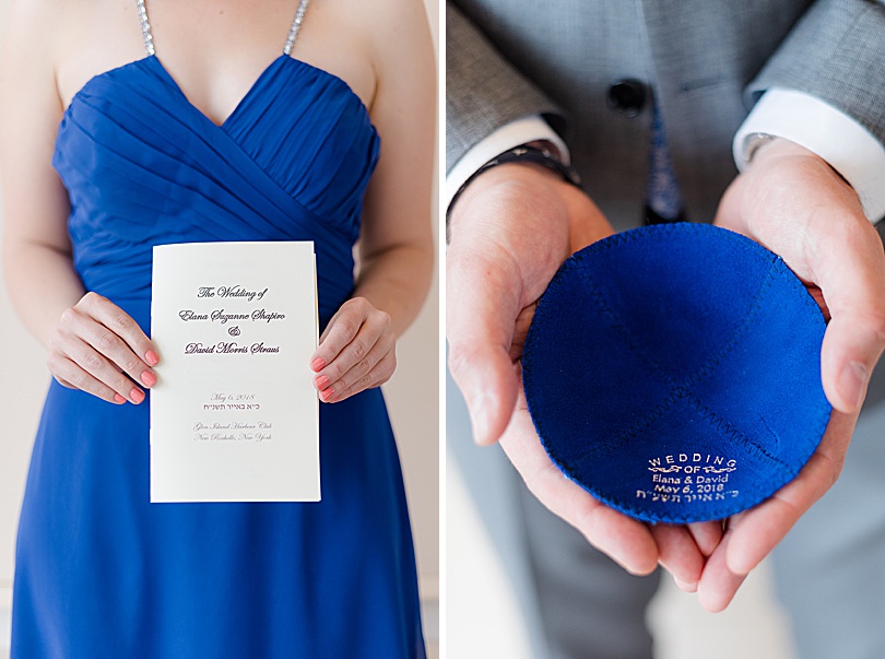 Personalized Kippahs in Royal Blue for a Spring Glen Island Wedding Jewish Ceremony in New Rochelle, NY in early May