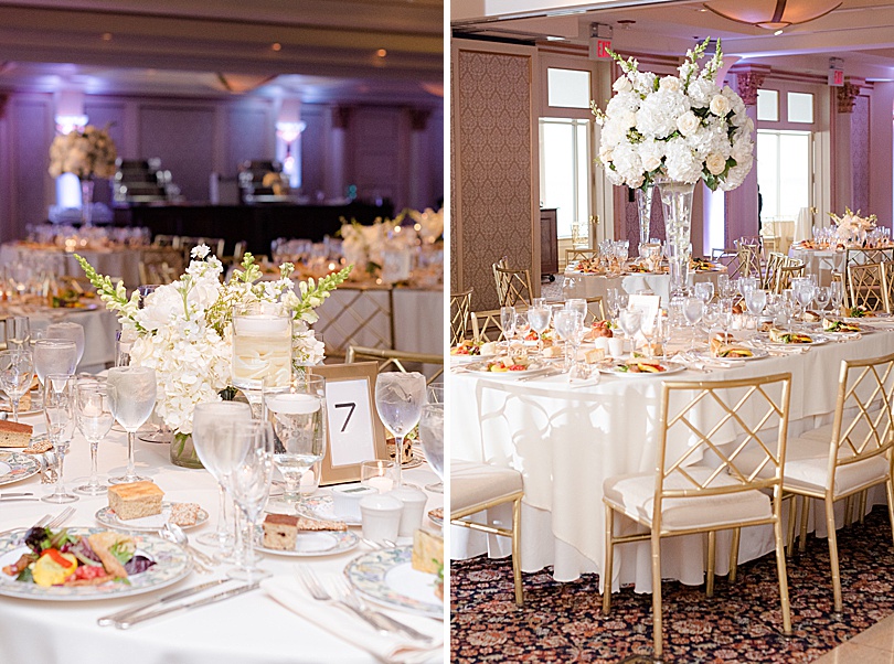 Reception space decorated with floral centerpieces for a Jewish Spring Glen Island Wedding in New Rochelle, NY in early May
