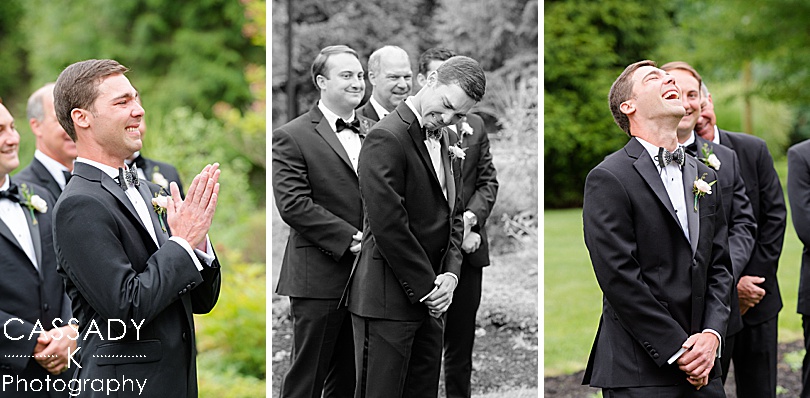 Groom becomes emotional while Bride walks down the aisle during the ceremony of a Small Ninety Acres Wedding in Natirar