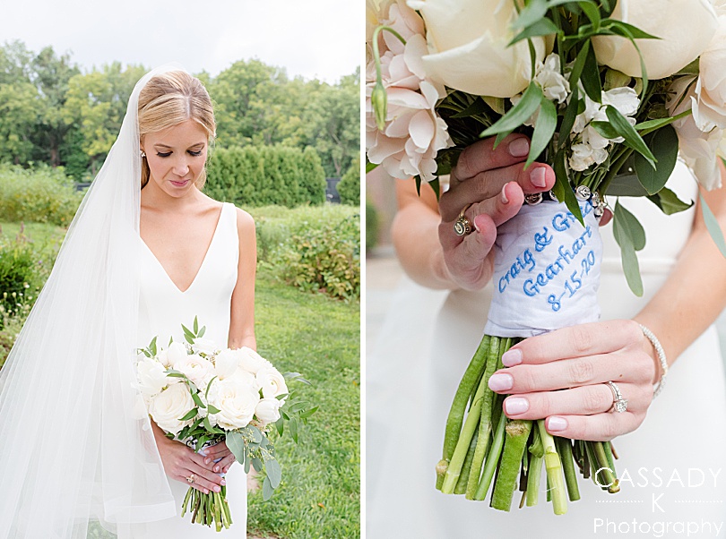 White bridal bouquet with an embroidered handkerchief and bracelet for a Small Ninety Acres Wedding in Natirar of Peapack, NJ