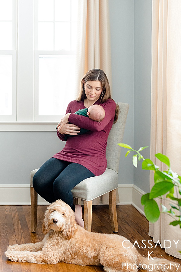 Mom sits and holds baby boy with her Labradoodle sitting at her feet during an at home Bedford newborn session in NY