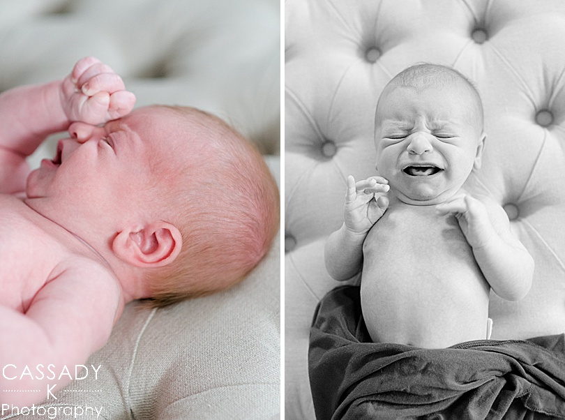 Baby boy crying during an at home Bedford newborn session in Westchester County, NY