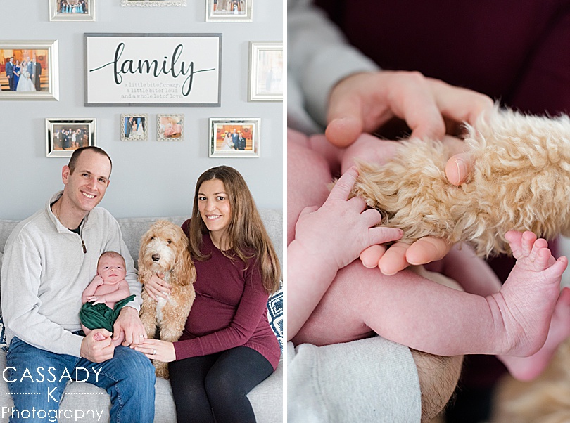 Family picture with a baby boy and a Labradoodle during an at home Bedford newborn session in Westchester County, NY