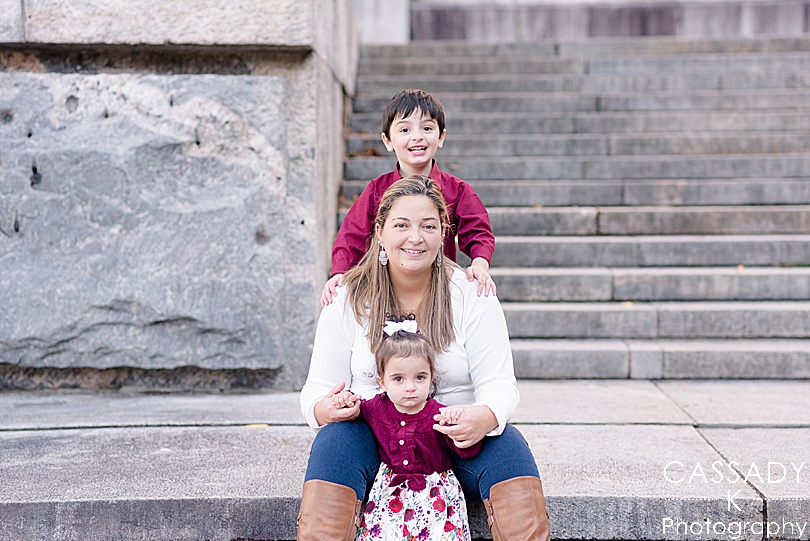 Mom with son and daughter wear maroon and white for fall mini sessions in Westchester County for a 2020 photography review