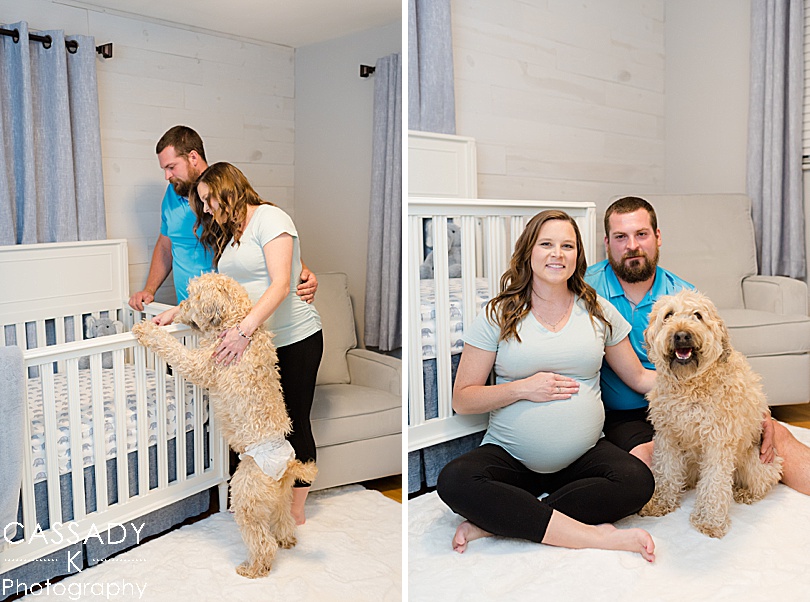 Soon-to-be parents look into crib with their dog during a maternity session in Pittsburgh, PA for a 2020 photography review