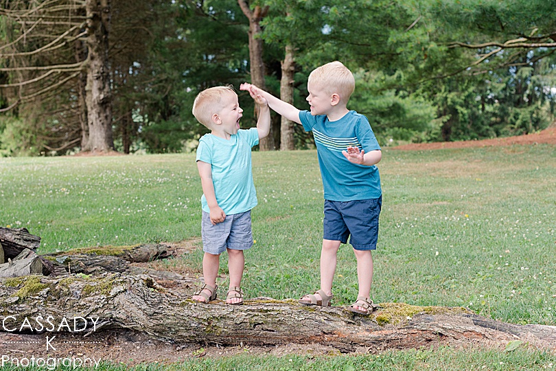 Older brothers high-five during a maternity session outside in Williamsport, PA for a 2020 photography review