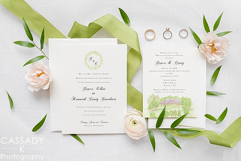 Watercolored invitation suite styled with flowers for a small Ninety Acres wedding during a 2020 photography review