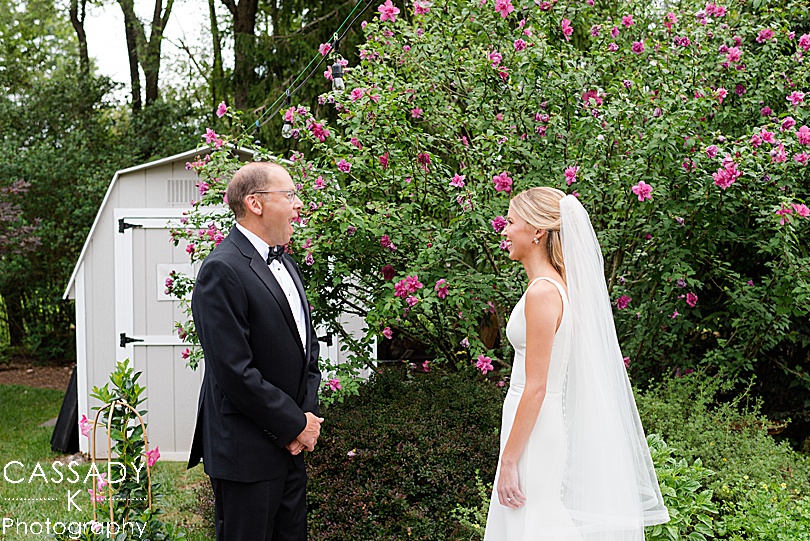 First look with father of the bride before a small Ninety Acres wedding during a 2020 photography review