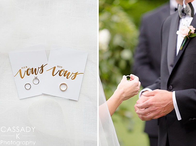 Bride and Groom exchange rings at a small outside Ninety Acres wedding ceremony during a 2020 photography review