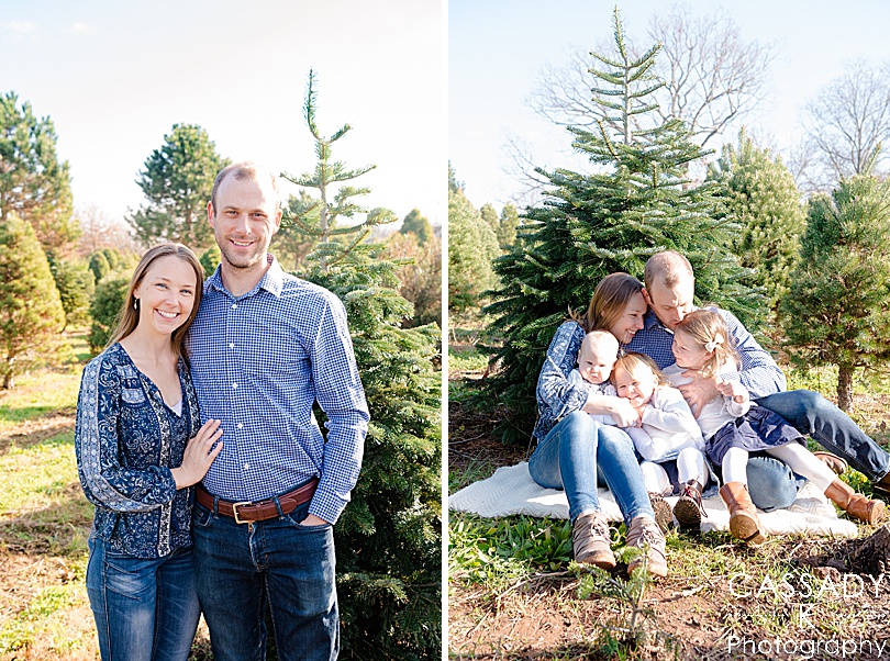 Family cuddling on a blanket at a Christmas tree farm in Harleysville, PA for a 2020 photography review