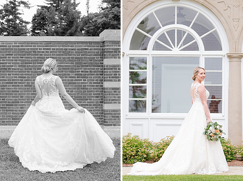 Classic bridal portrait in front of a white arch window during a summer Mansion at Natirar Wedding in Peapack, NJ