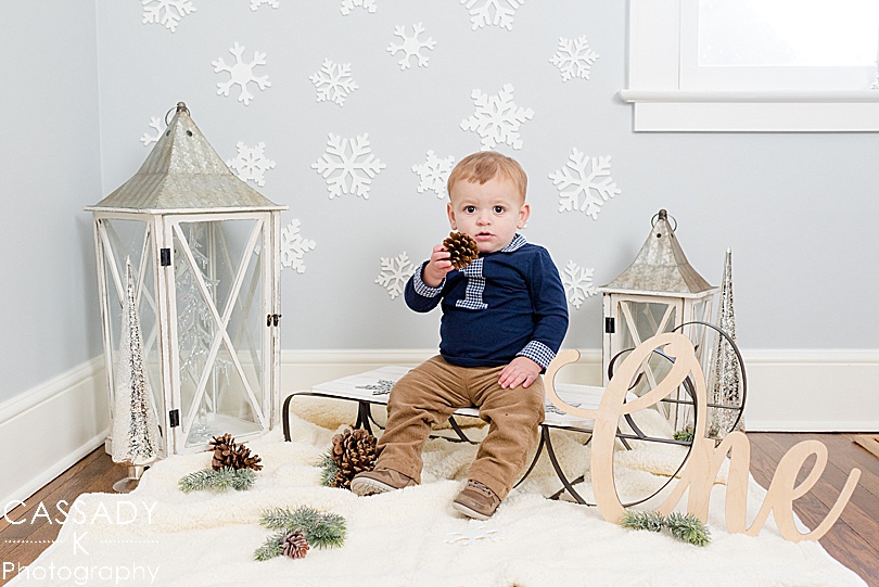 Winter Onederland, at home first birthday pictures for a one year old milestone inside with a sled, snowflakes, and pinecones