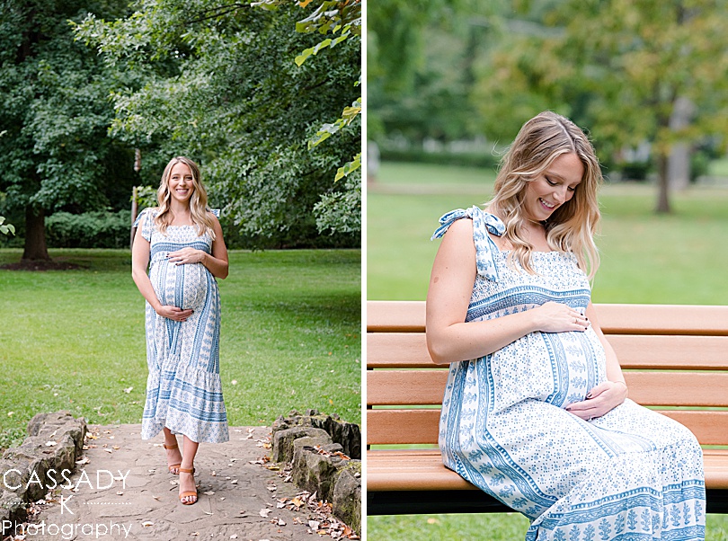 Mother to Be holding her bump in a light blue Zara dress during a outside at home Sewickley maternity session in Pittsburgh, PA