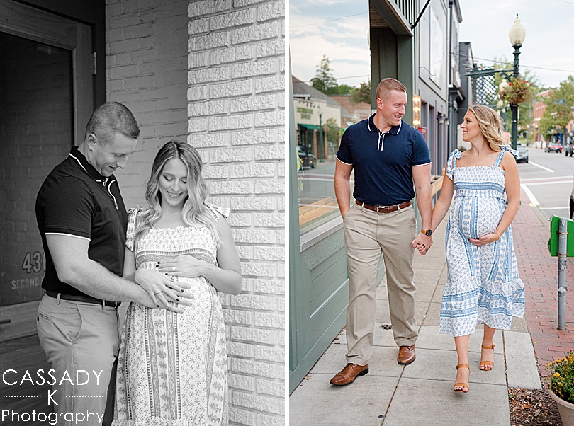 Parents to be walk through the small town during an autumn Sewickley maternity session in Pittsburgh, PA
