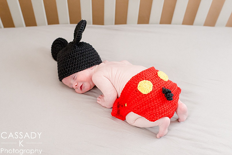 Baby boy in crocheted Mickey Mouse outfit during Bellefonte Home Newborn Pictures in Centre County, PA