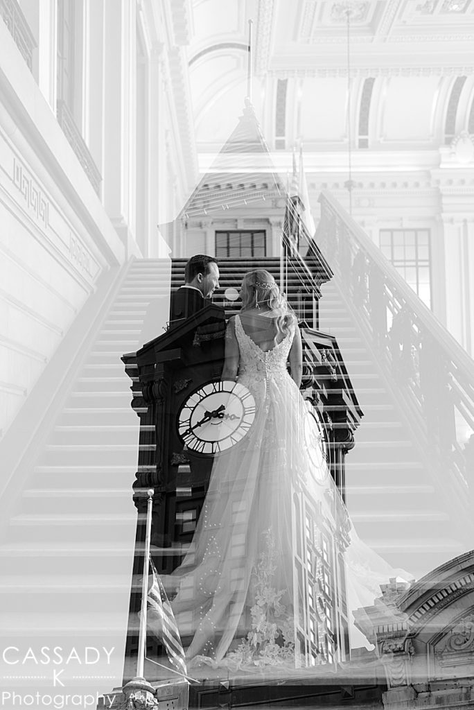 Double exposure overlay image of Hoboken Terminal and bride and groom on stairs for Antique Loft Hoboken Wedding
