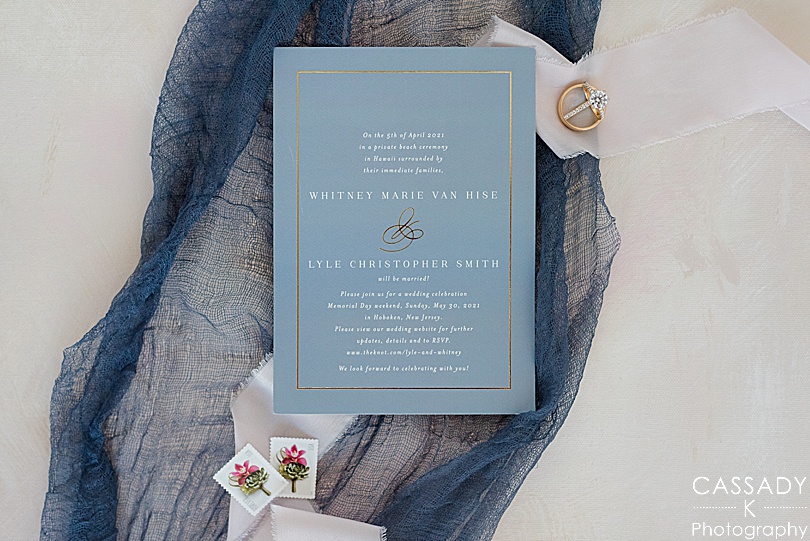 Wedding invitation and detail shots of rings for an Antique Loft Hoboken Wedding
