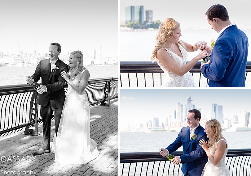 Bride and Groom pop champagne on Pier A before their Antique Loft Hoboken Wedding in NJ