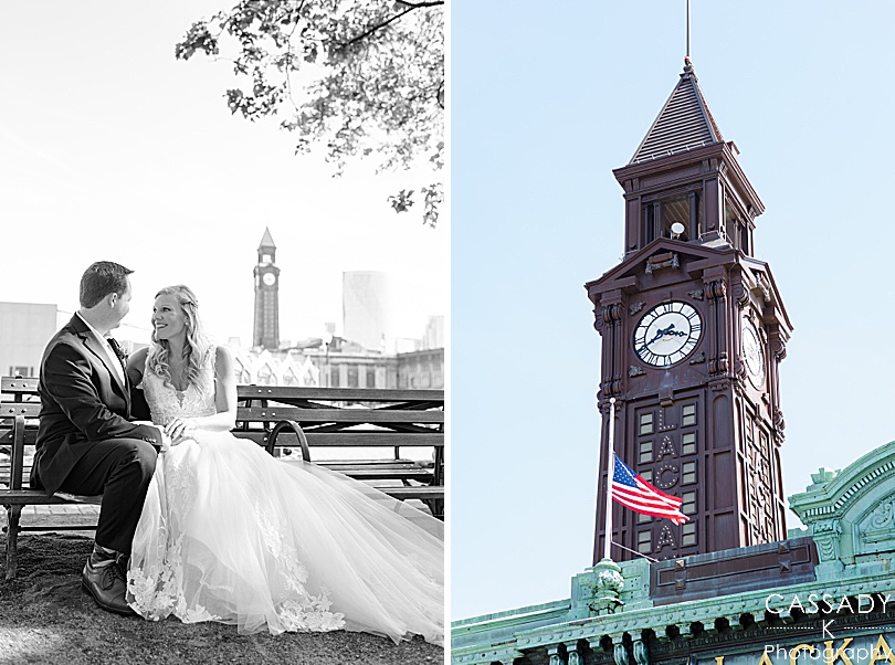 Black and white image of bride and groom on bench in Pier A for Antique Loft Hoboken Wedding