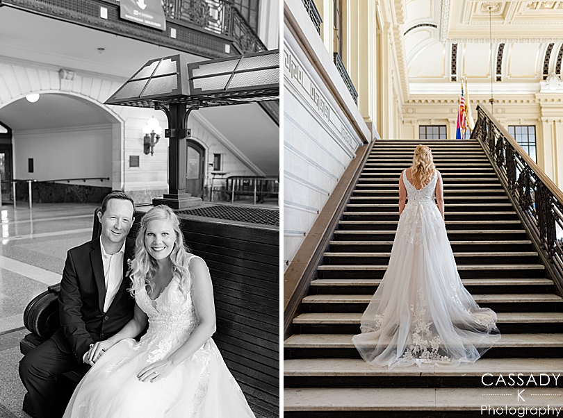 Bride and groom on bench and bride on stairs in Hoboken Terminal before Antique Loft Hoboken Wedding