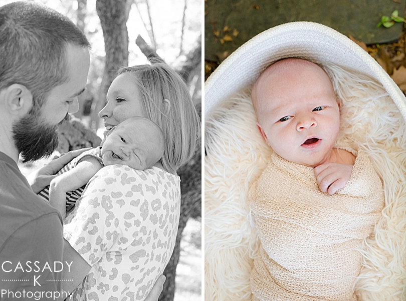 Baby boy with mom and dad for spring at outside family newborn session