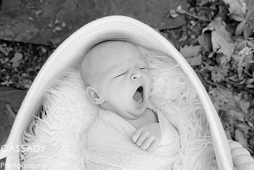Black and white image of baby boy yawning in Pennsylvania at outside family newborn session
