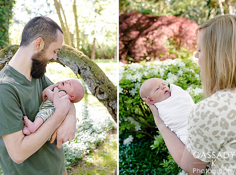 Mom and dad with baby boy at outside family newborn session