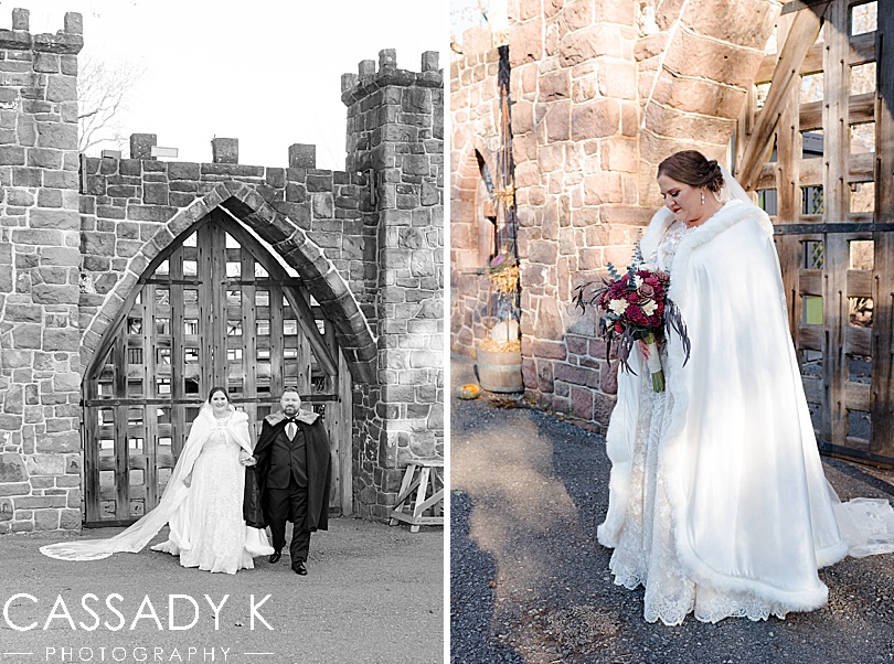 Bride and groom in fur cape in front of wood gate at Mount Hope Estate Wedding