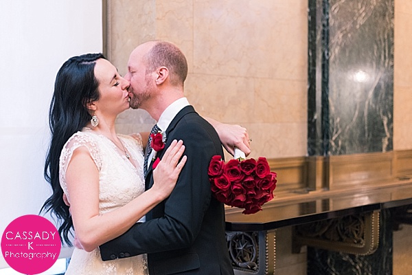 New York City Hall Wedding, Intimate, Classic, Winter, Wedding Photographers NYC, Christmas, fur, lace dress, red gloves, baby girl, Jessica Simpson shoes, BHLDN, Justice of the Peace, Red Roses, Kate & Co Events, Manhattan wedding, Black Diamond, Cassady K Photography
