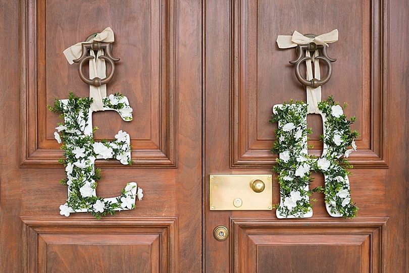 Front door with initial wreaths at Hamilton Farm Golf Club Wedding