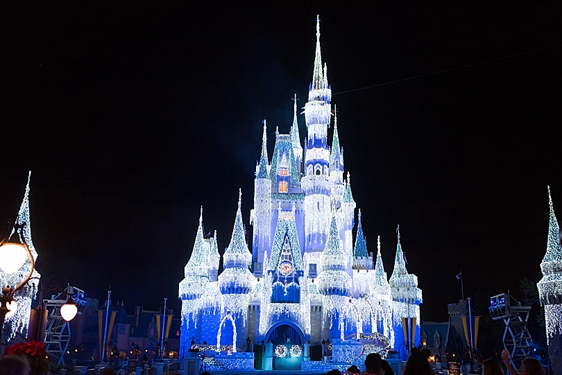 Cinderella's Castle Lit up with Christmas Lights forMickey's Very Merry Christmas Party