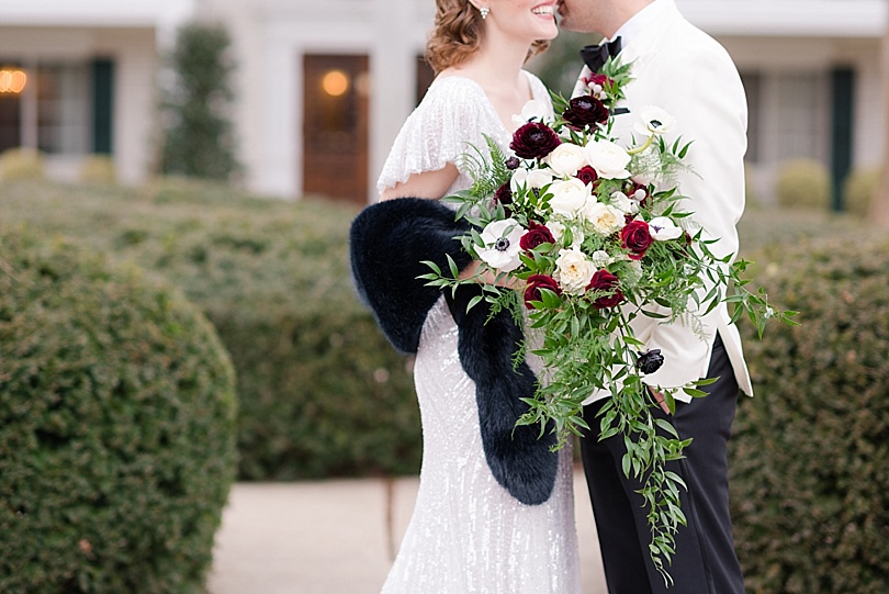 Beautiful white, black and red bouquet for a roaring twenties wedding at the Madison Hotel in Morristown, NJ