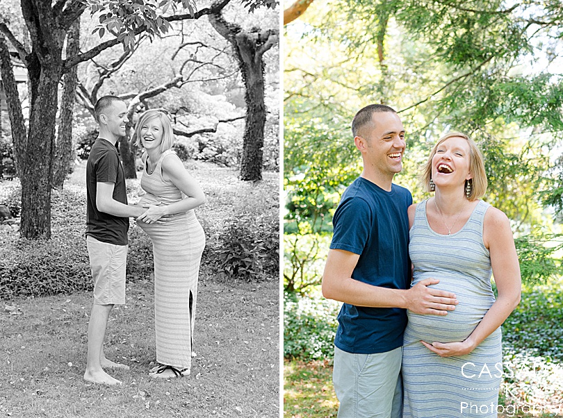 Parents laughing and joyful as they await their third boy during an outside family maternity session