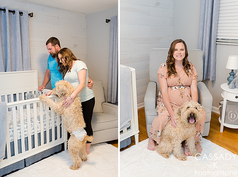 A Father and his pregnant wife look into the crib in the nursery with their Wheaton Terrier dog during a Pittsburgh Maternity Session