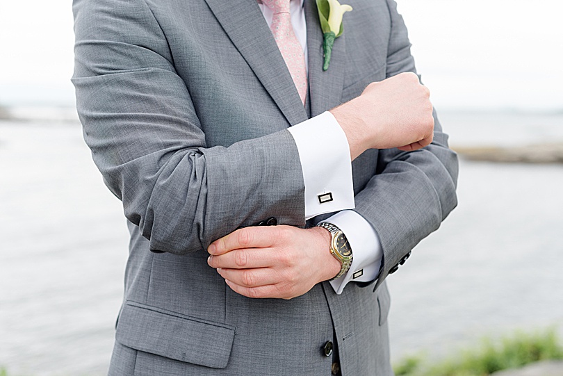 Groom's pink floral tie, watch, and other details for his Jewish Spring Glen Island Wedding in New Rochelle, NY in early May