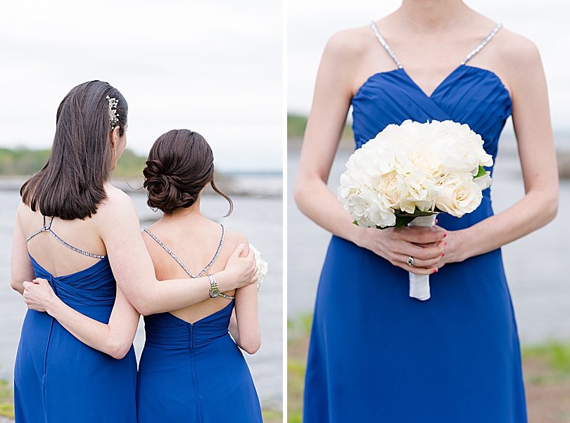 Bridesmaid dresses in cobalt and royal blue with white peony bouquets for a Jewish Spring Glen Island Wedding in New Rochelle