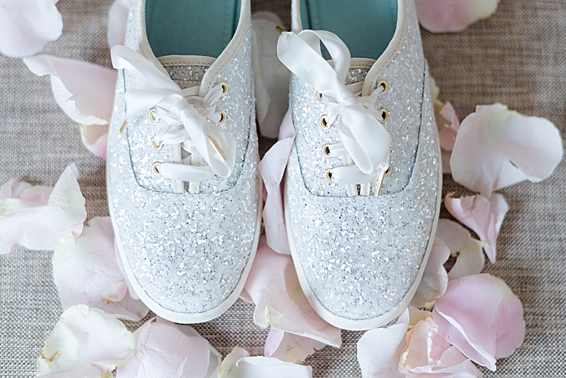 The bride's white sparkly Kate Spade Keds for a Jewish Spring Glen Island Wedding in New Rochelle, NY
