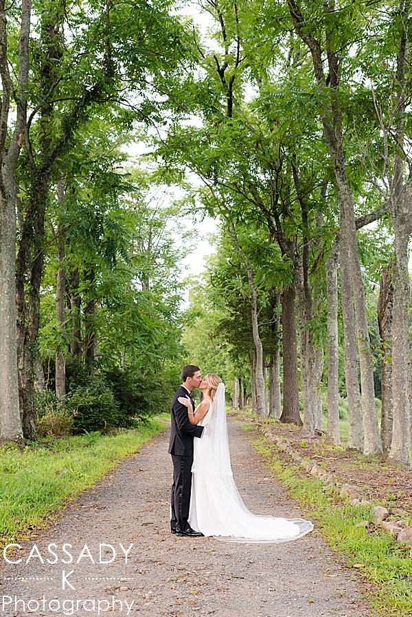 Bride and Groom kiss under a tall path of trees during a Small Ninety Acres Wedding in Natirar of Peapack, NJ