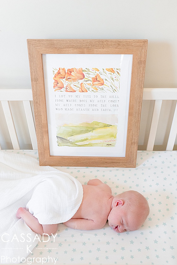 Baby boy with cleft palate lays with Psalm 121:1-2 artwork in crib in his nursery at home Williamsport Newborn Session in PA