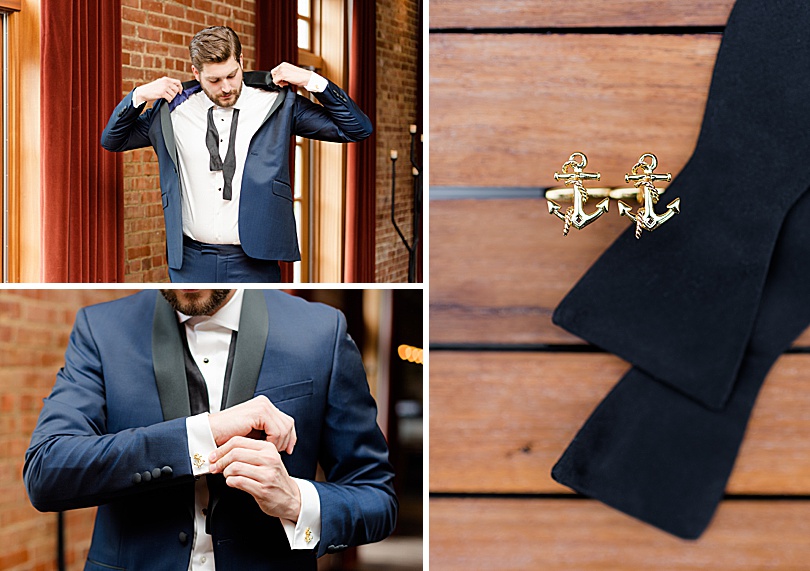 Groom putting on gold anchor cufflinks at Ninety Acres while he got ready for a Mansion at Natirar Wedding in Peakpack