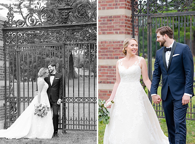 Bride and Groom walk in front of a big wrought iron gate during a summer Mansion at Natirar Wedding
