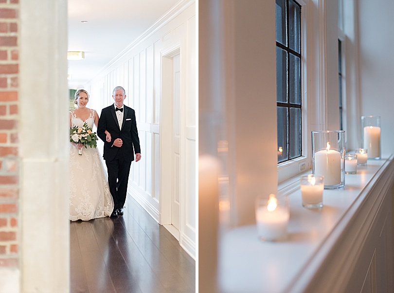 Father walks Bride down a white paneled hall to an indoor ceremony at Mansion at Natirar Wedding in Peapack, NJ