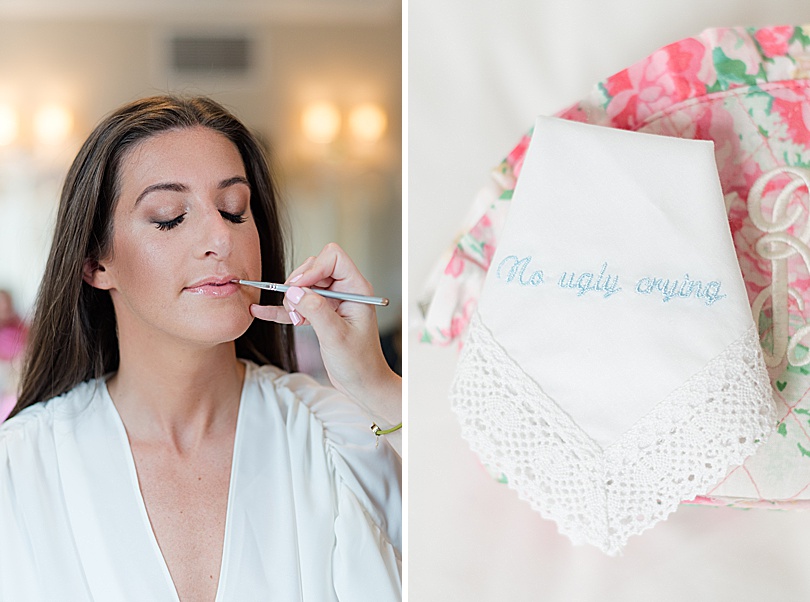 Blue embroidered No Ugly Crying handkerchief for bridesmaids during a spring Tokeneke Club Wedding in Darien, CT